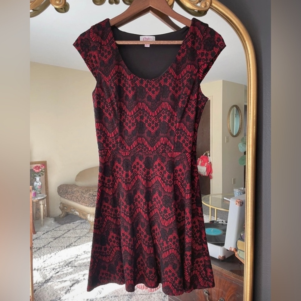 Candies Juniors Black & Red Lace Stretch Knit Fit & Flare Dress